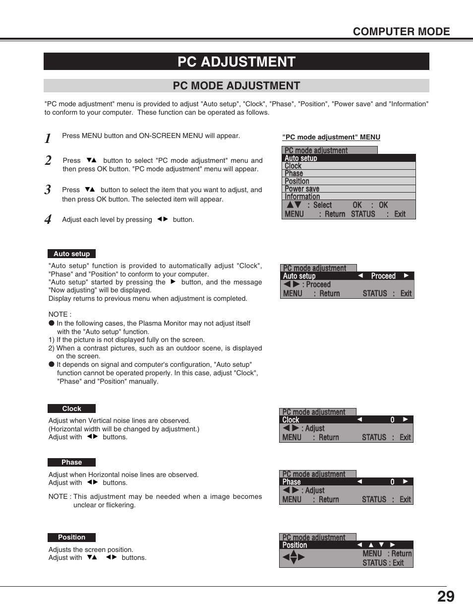 Pc adjustment, Pc mode adjustment, Computer mode | Sanyo PDP-32H1EN User Manual | Page 29 / 44