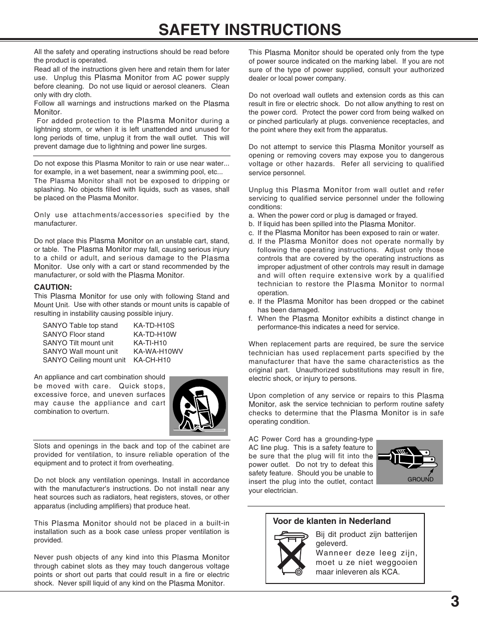 3safety instructions | Sanyo PDP-32H1EN User Manual | Page 3 / 44