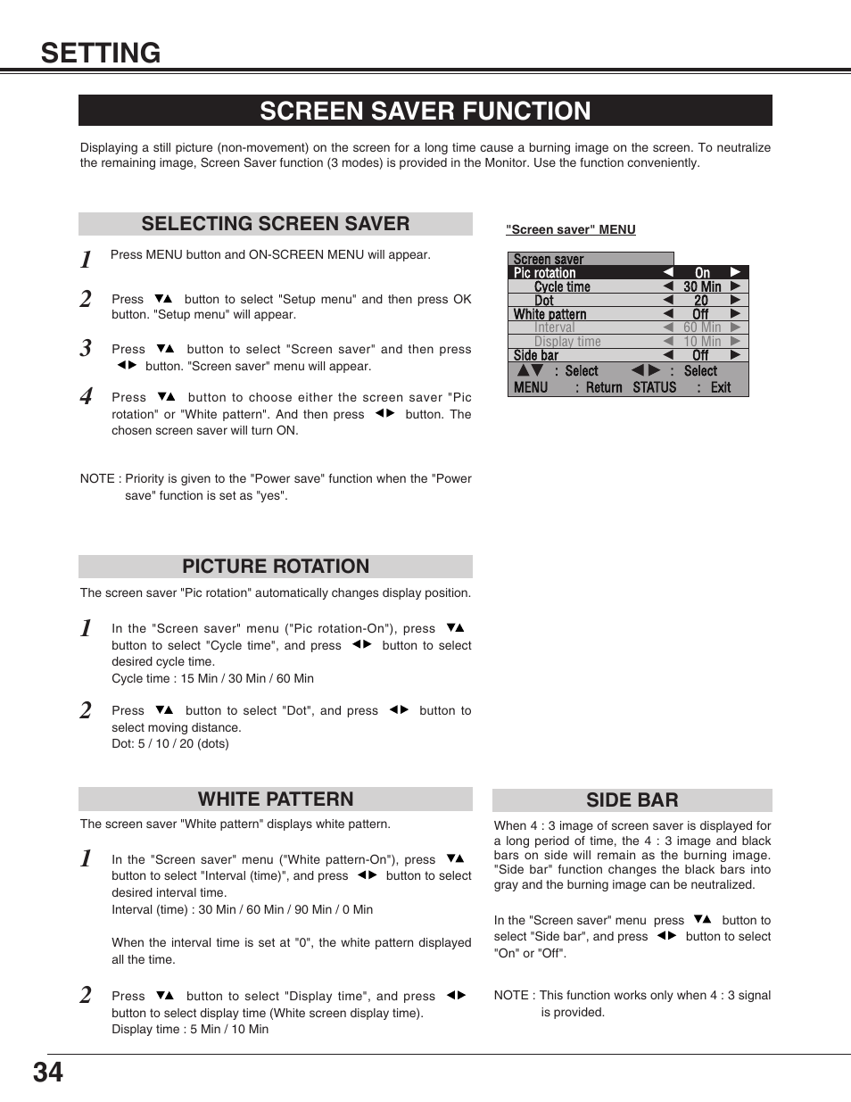 Setting, Screen saver function, White pattern | Selecting screen saver, Picture rotation, Side bar | Sanyo PDP-32H1EN User Manual | Page 34 / 44