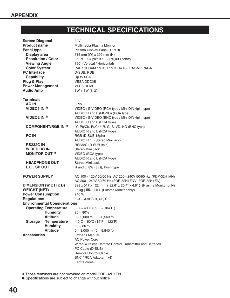 Technical specifications, Appendix | Sanyo PDP-32H1EN User Manual | Page 40 / 44