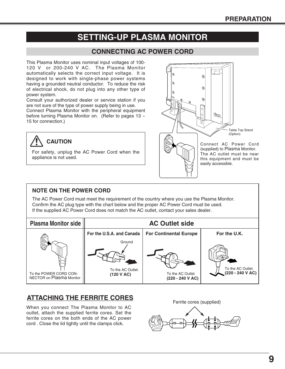 Setting-up plasma monitor, Preparation, Connecting ac power cord | Plasma monitor side ac outlet side, Attaching the ferrite cores | Sanyo PDP-32H1EN User Manual | Page 9 / 44