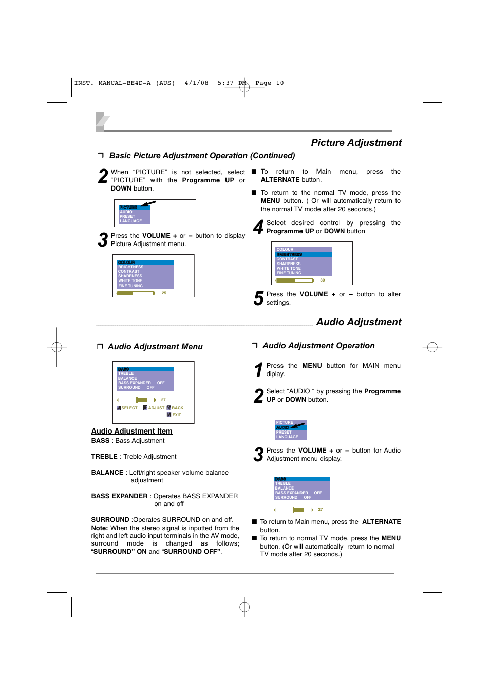 10 picture adjustment, Audio adjustment, Basic picture adjustment operation (continued) | Audio adjustment menu ❒ audio adjustment operation | Sanyo CA21XS2S User Manual | Page 10 / 20