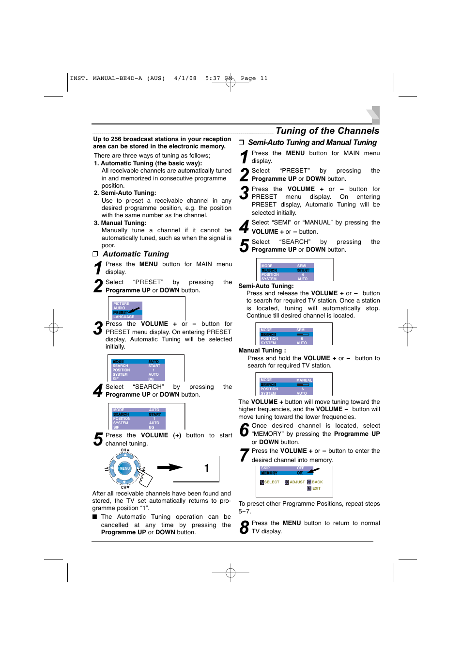 11 tuning of the channels, Automatic tuning, Semi-auto tuning and manual tuning | Sanyo CA21XS2S User Manual | Page 11 / 20