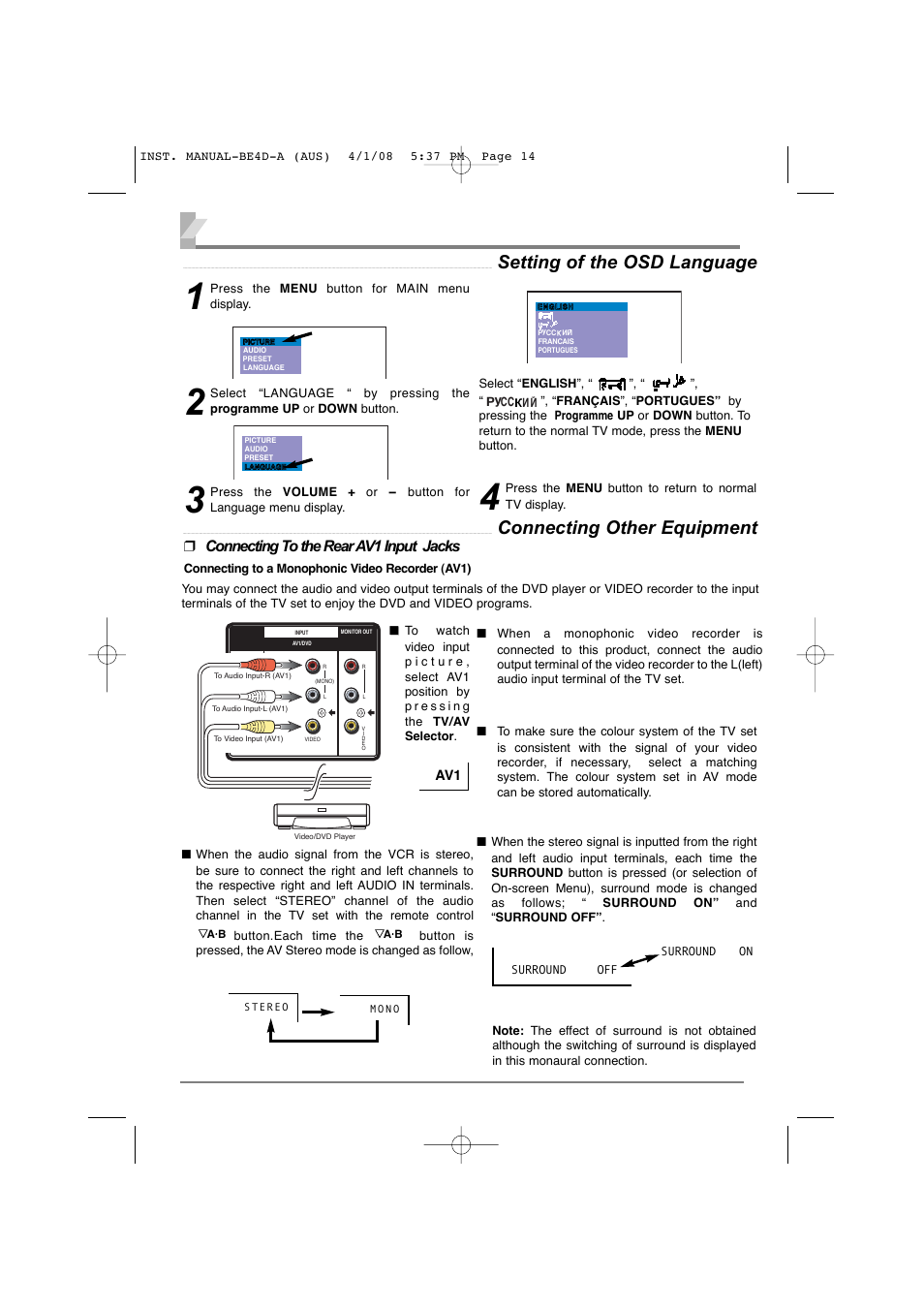 14 setting of the osd language, Connecting other equipment, Connecting to the rear av1 input jacks | Sanyo CA21XS2S User Manual | Page 14 / 20