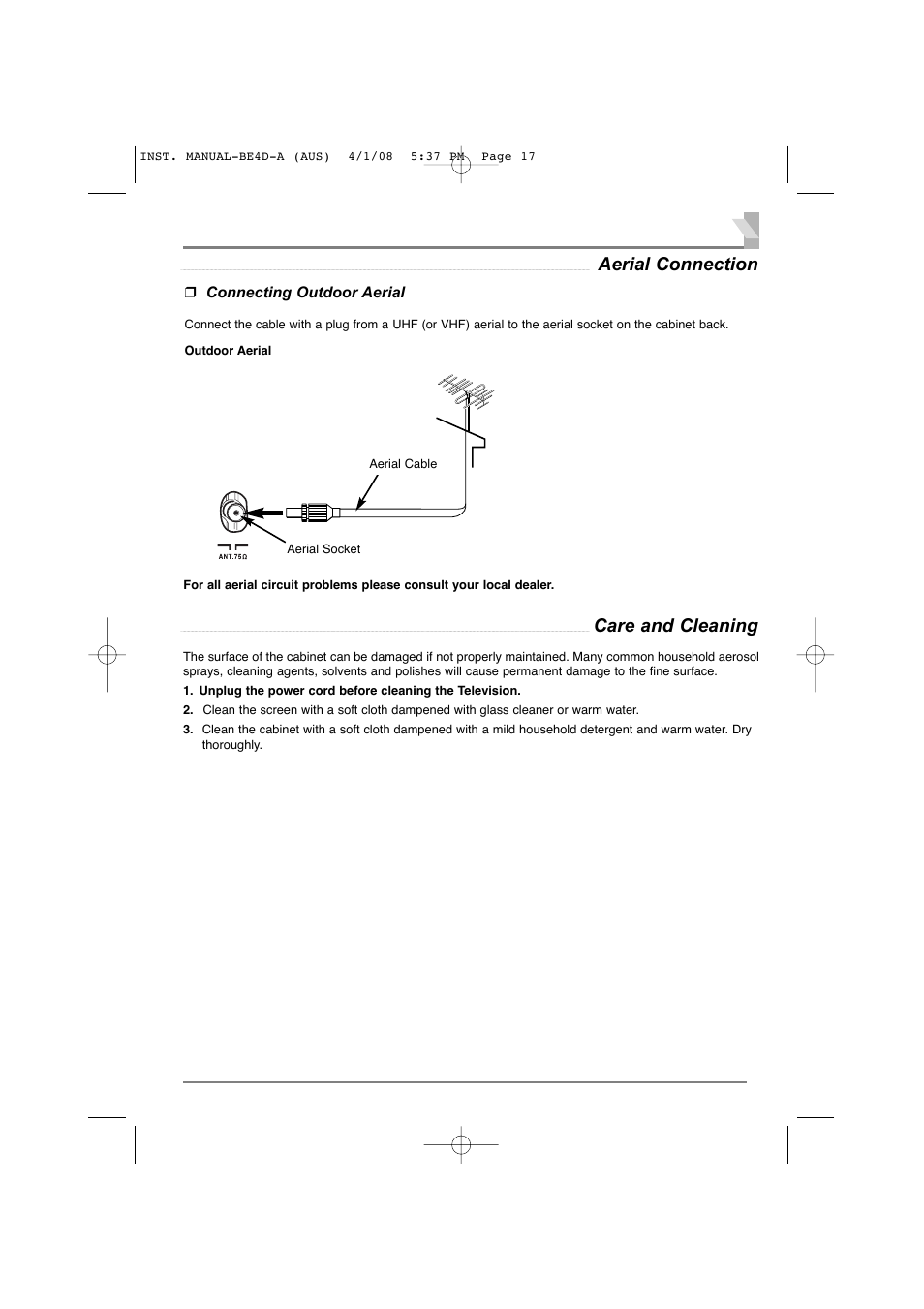 Aerial connection, Care and cleaning | Sanyo CA21XS2S User Manual | Page 17 / 20