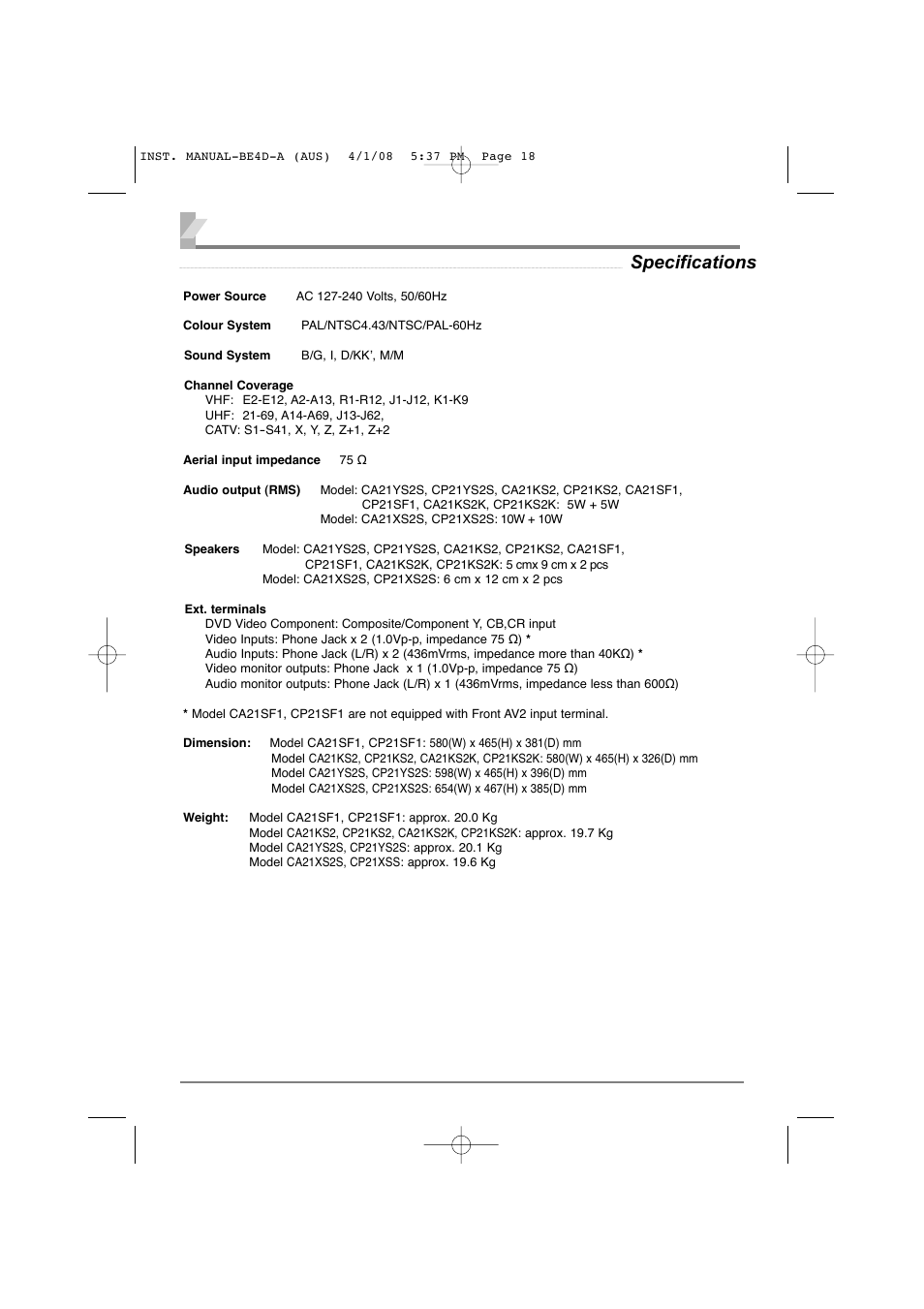 Specifications | Sanyo CA21XS2S User Manual | Page 18 / 20