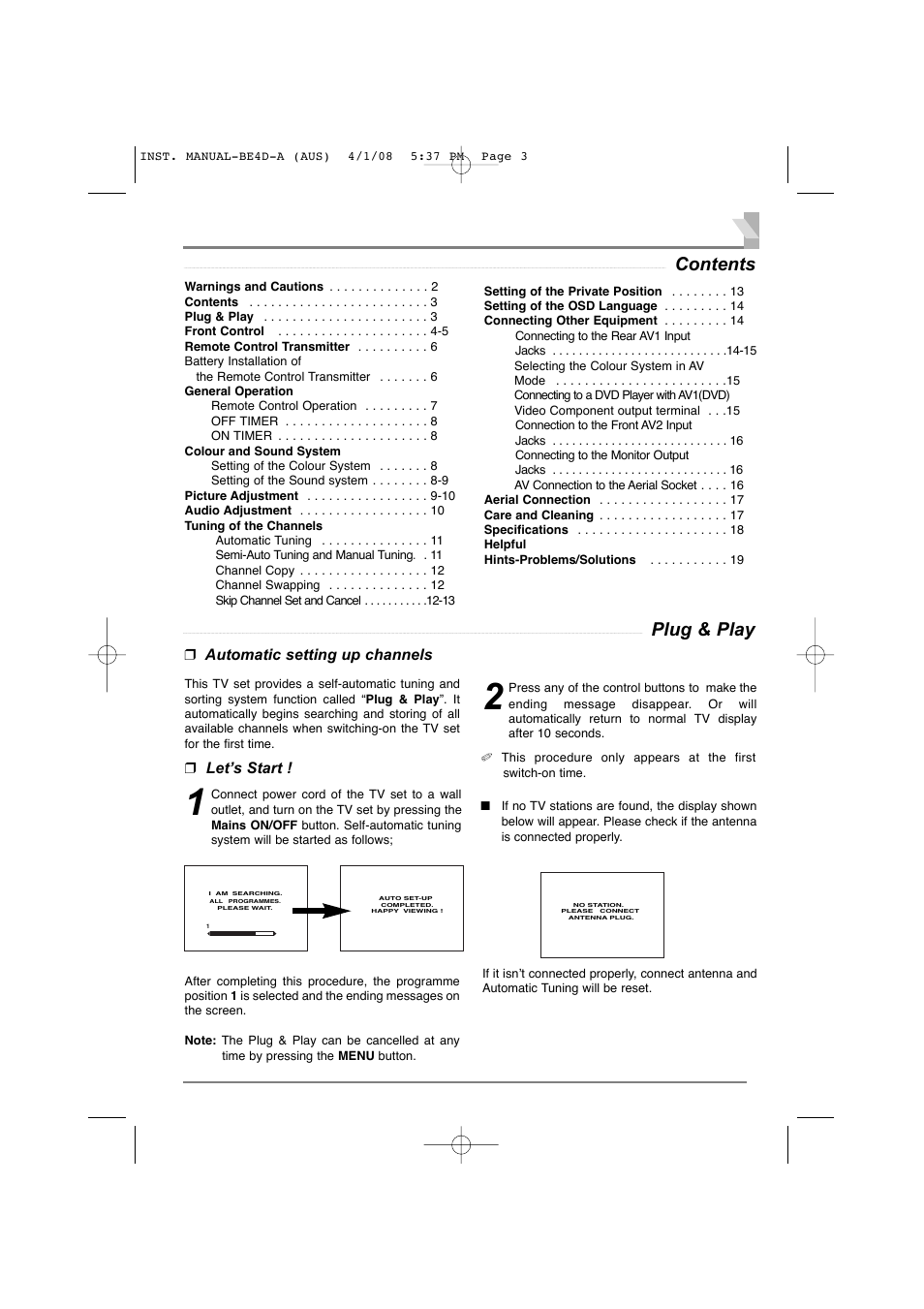 Contents 3, Plug & play, Automatic setting up channels ❒ let’s start | Sanyo CA21XS2S User Manual | Page 3 / 20