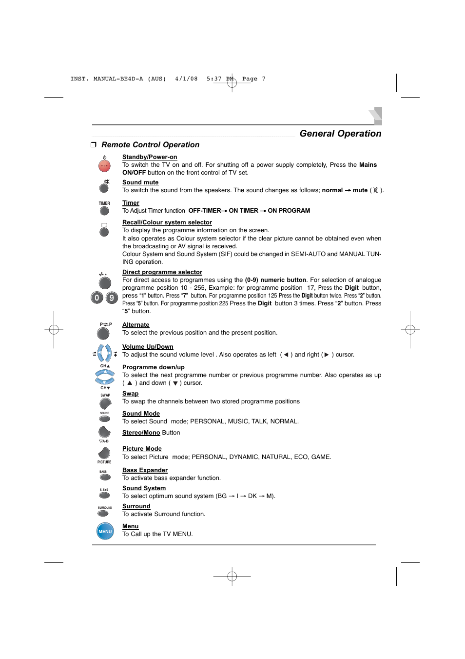 7general operation, Remote control operation, Bass expander to activate bass expander function | Surround to activate surround function, Menu to call up the tv menu, Stereo/mono button | Sanyo CA21XS2S User Manual | Page 7 / 20