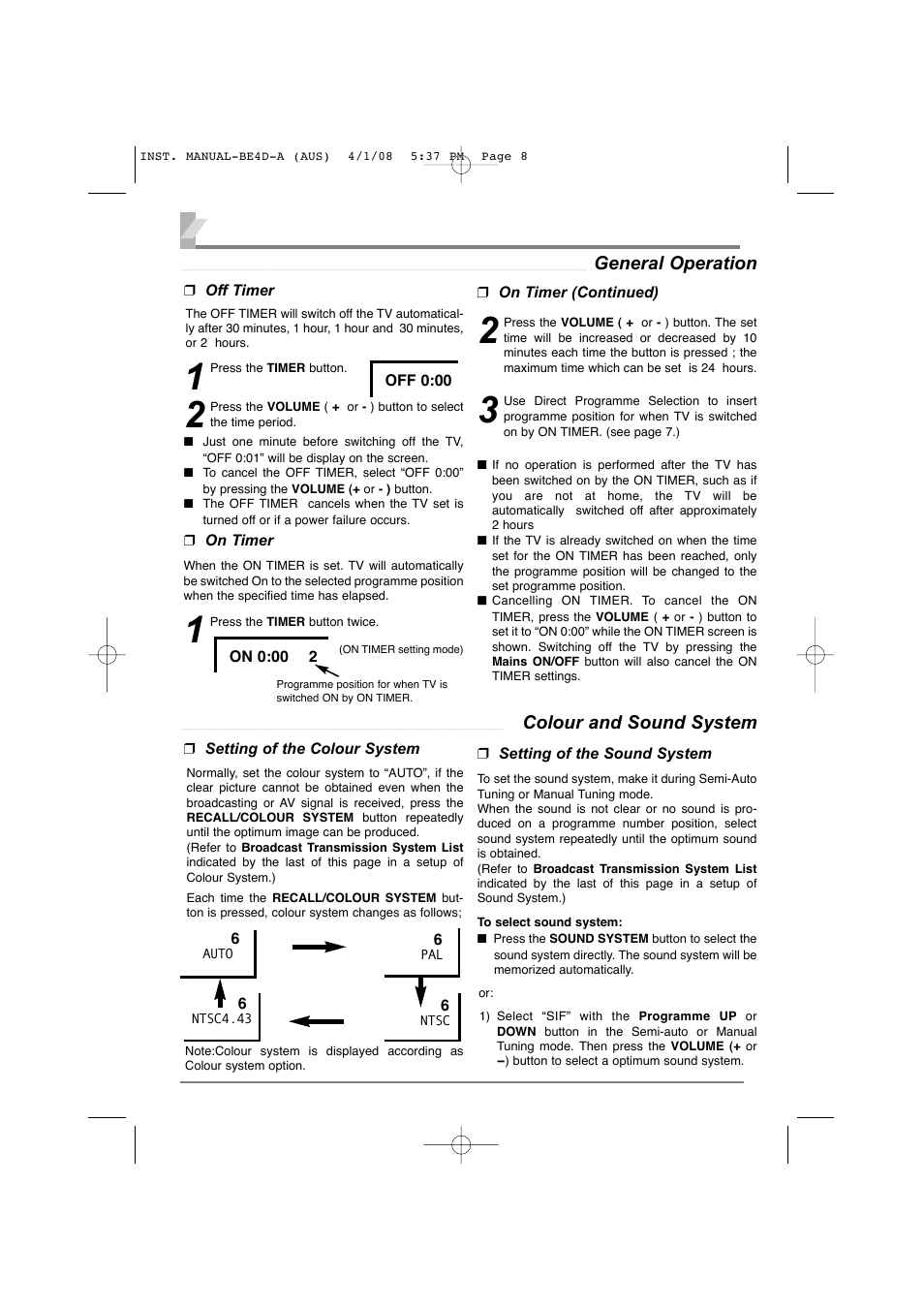 8general operation, Colour and sound system | Sanyo CA21XS2S User Manual | Page 8 / 20