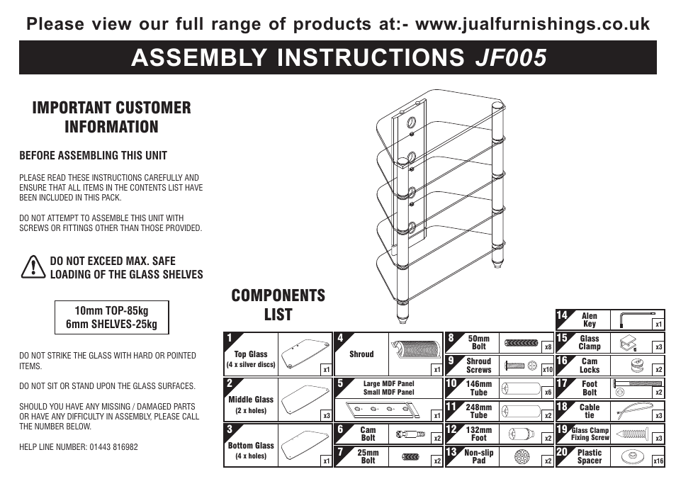 Jf005, Assembly instructions jf005, Important customer information | Components list | Sanyo JF005 User Manual | Page 5 / 9