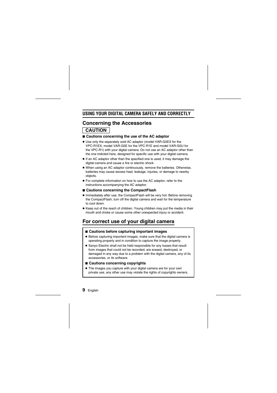 Concerning the accessories, For correct use of your digital camera | Sanyo VPC-R1E User Manual | Page 14 / 87