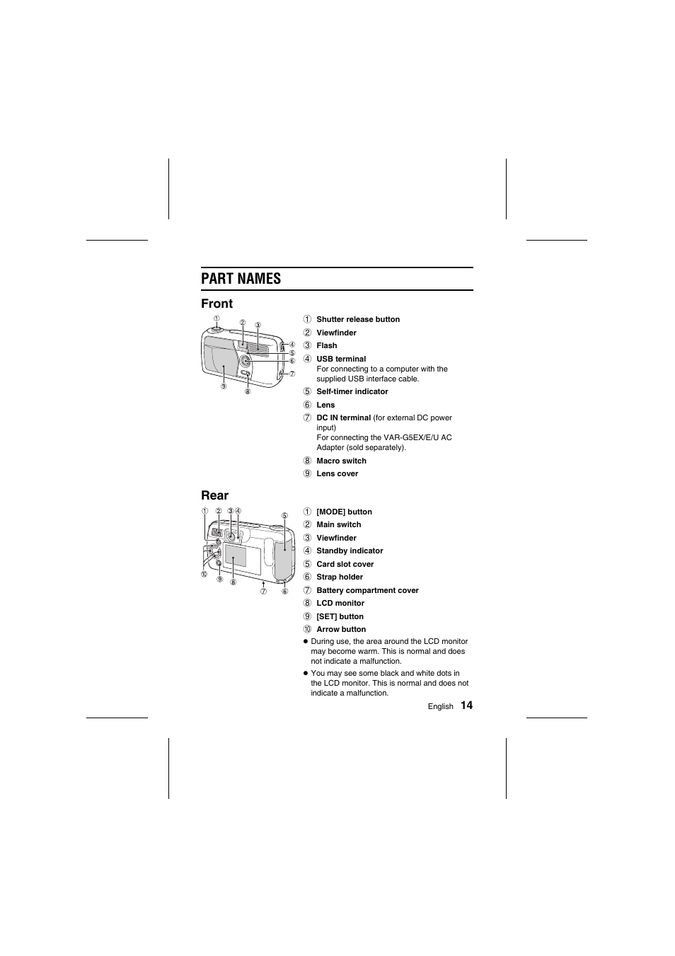 Part names, Front, Rear | Sanyo VPC-R1E User Manual | Page 19 / 87