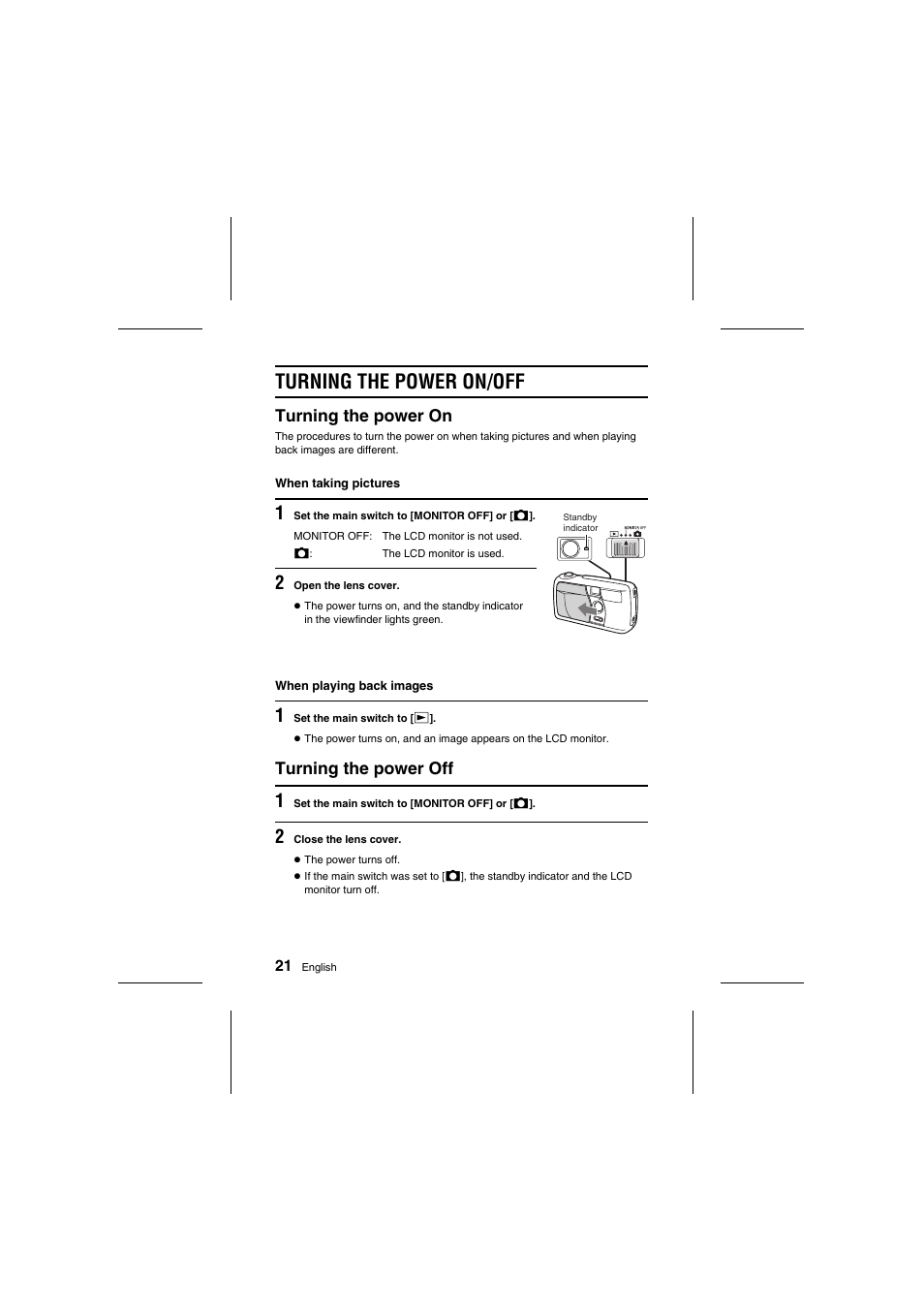 Turning the power on/off, Turning the power on, Turning the power off | Sanyo VPC-R1E User Manual | Page 26 / 87