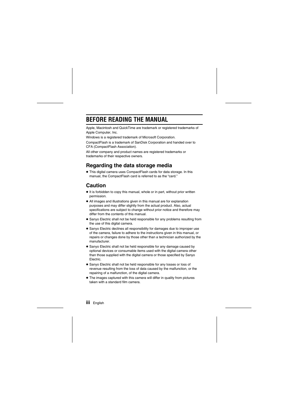 Before reading the manual, Regarding the data storage media, Caution | Sanyo VPC-R1E User Manual | Page 4 / 87