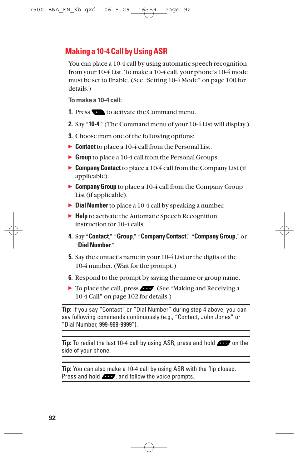 Making a 10-4 call by using asr | Sanyo scp 7500 User Manual | Page 100 / 173