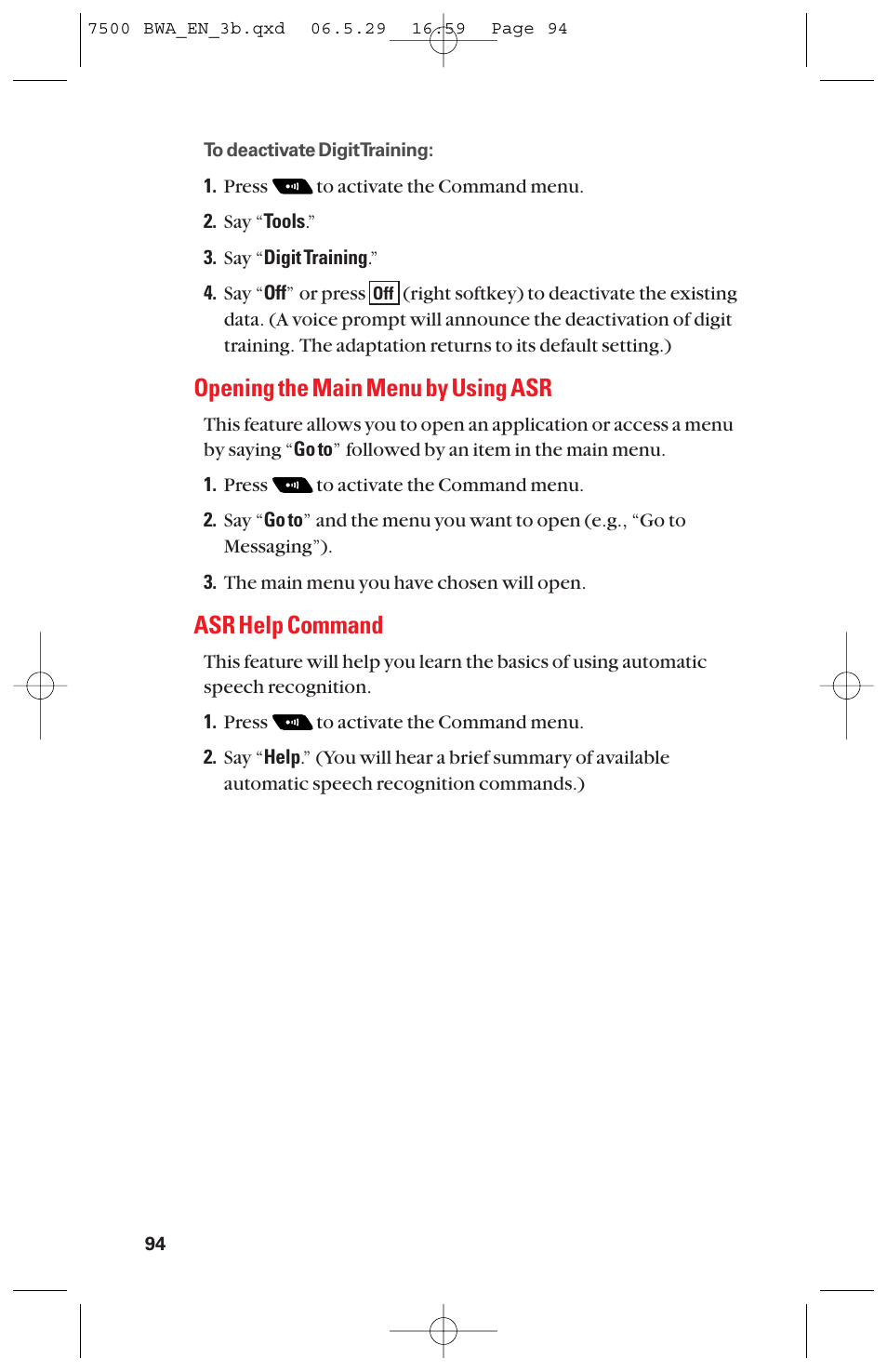 Opening the main menu by using asr, Asr help command | Sanyo scp 7500 User Manual | Page 102 / 173