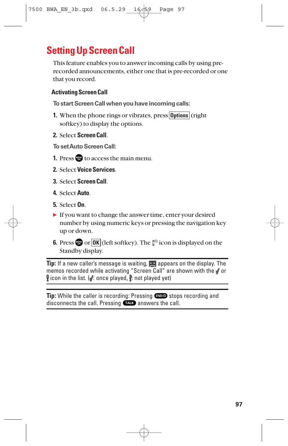 Setting up screen call | Sanyo scp 7500 User Manual | Page 105 / 173