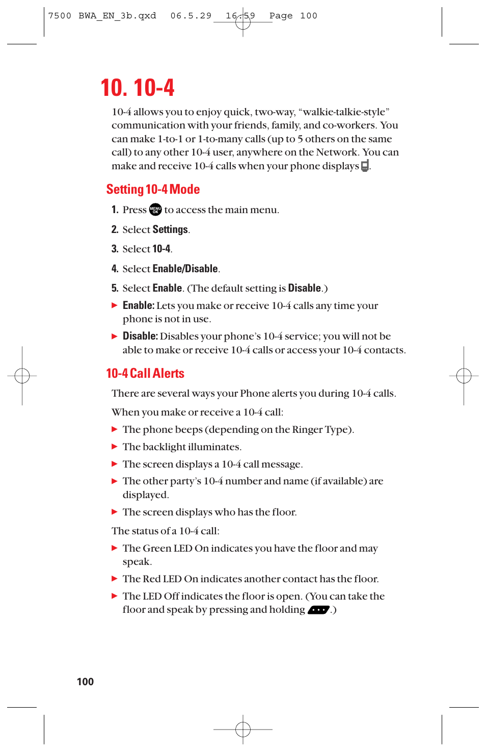 Setting 10-4 mode, 4 call alerts | Sanyo scp 7500 User Manual | Page 108 / 173