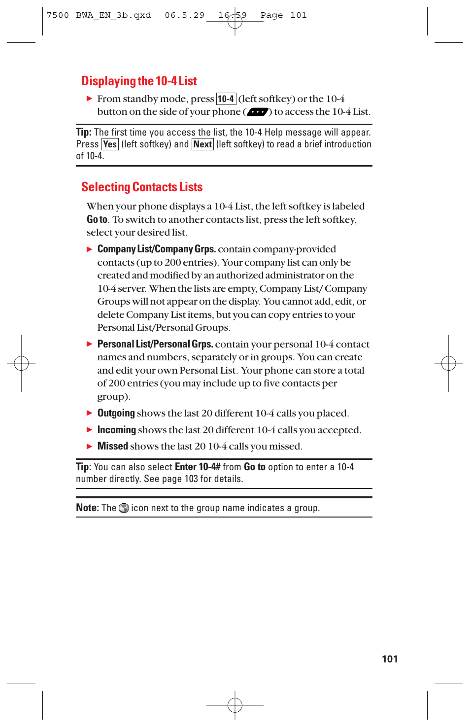 Displaying the 10-4 list, Selecting contacts lists | Sanyo scp 7500 User Manual | Page 109 / 173