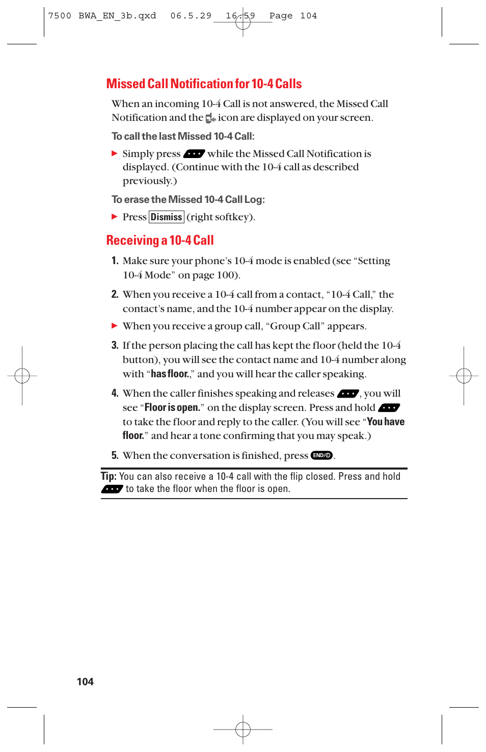 Missed call notification for 10-4 calls, Receiving a 10-4 call | Sanyo scp 7500 User Manual | Page 112 / 173