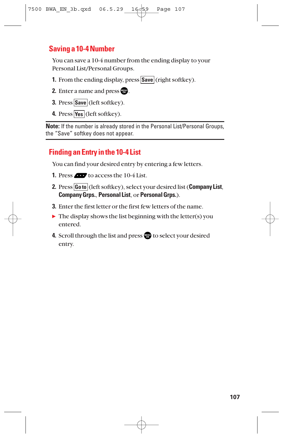 Saving a 10-4 number, Finding an entry in the 10-4 list | Sanyo scp 7500 User Manual | Page 115 / 173