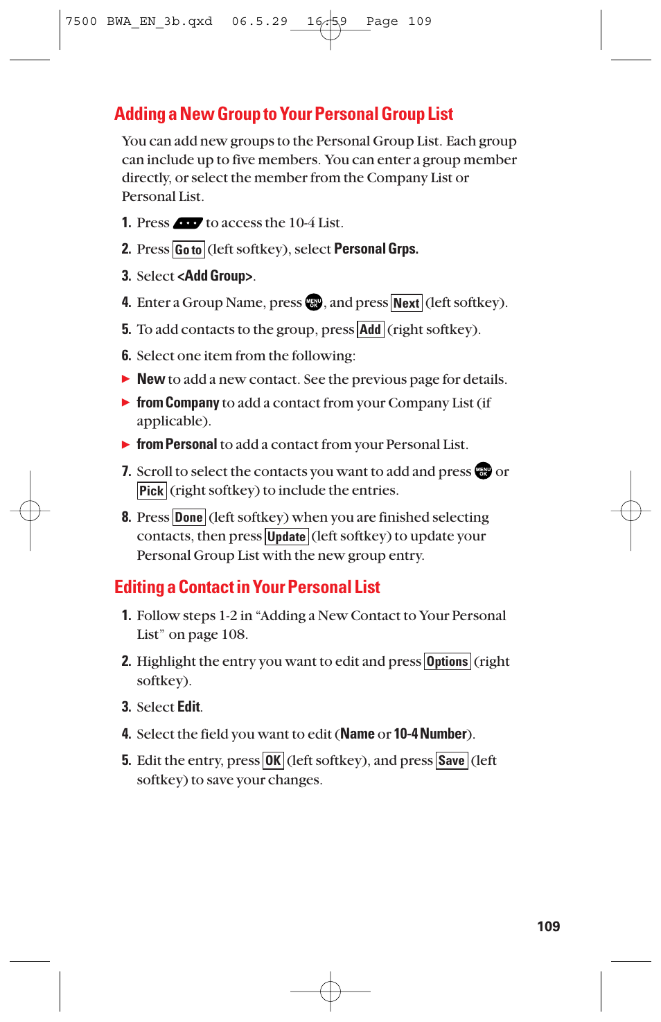 Adding a new group to your personal group list, Editing a contact in your personal list | Sanyo scp 7500 User Manual | Page 117 / 173