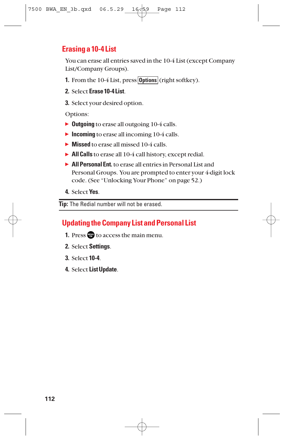 Erasing a 10-4 list, Updating the company list and personal list | Sanyo scp 7500 User Manual | Page 120 / 173