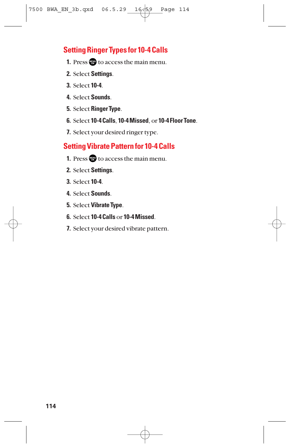 Setting ringer types for 10-4 calls, Setting vibrate pattern for 10-4 calls | Sanyo scp 7500 User Manual | Page 122 / 173