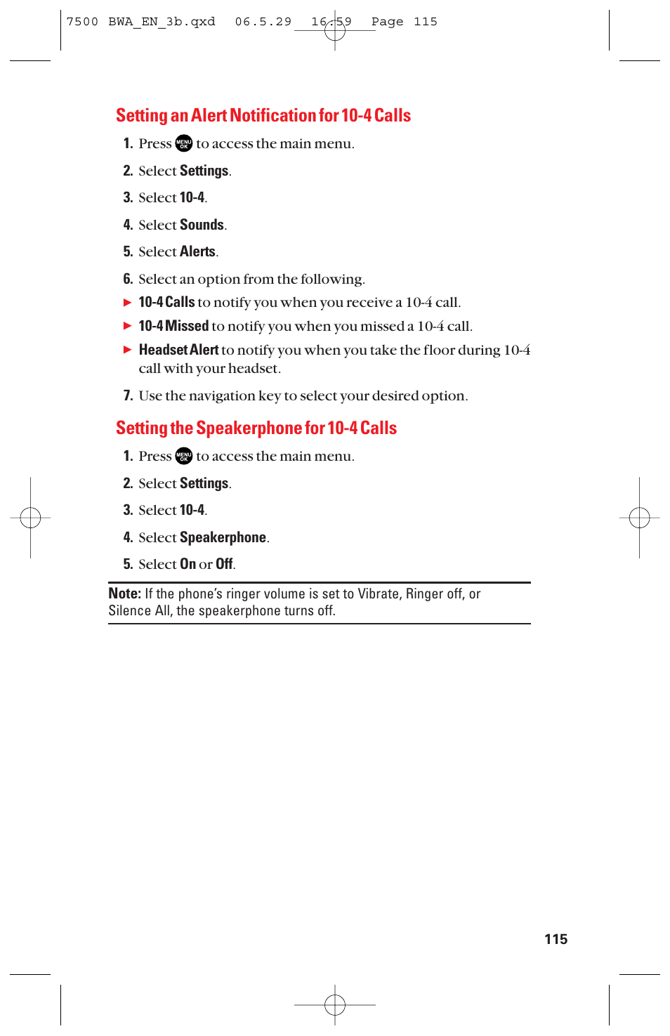 Setting an alert notification for 10-4 calls, Setting the speakerphone for 10-4 calls | Sanyo scp 7500 User Manual | Page 123 / 173
