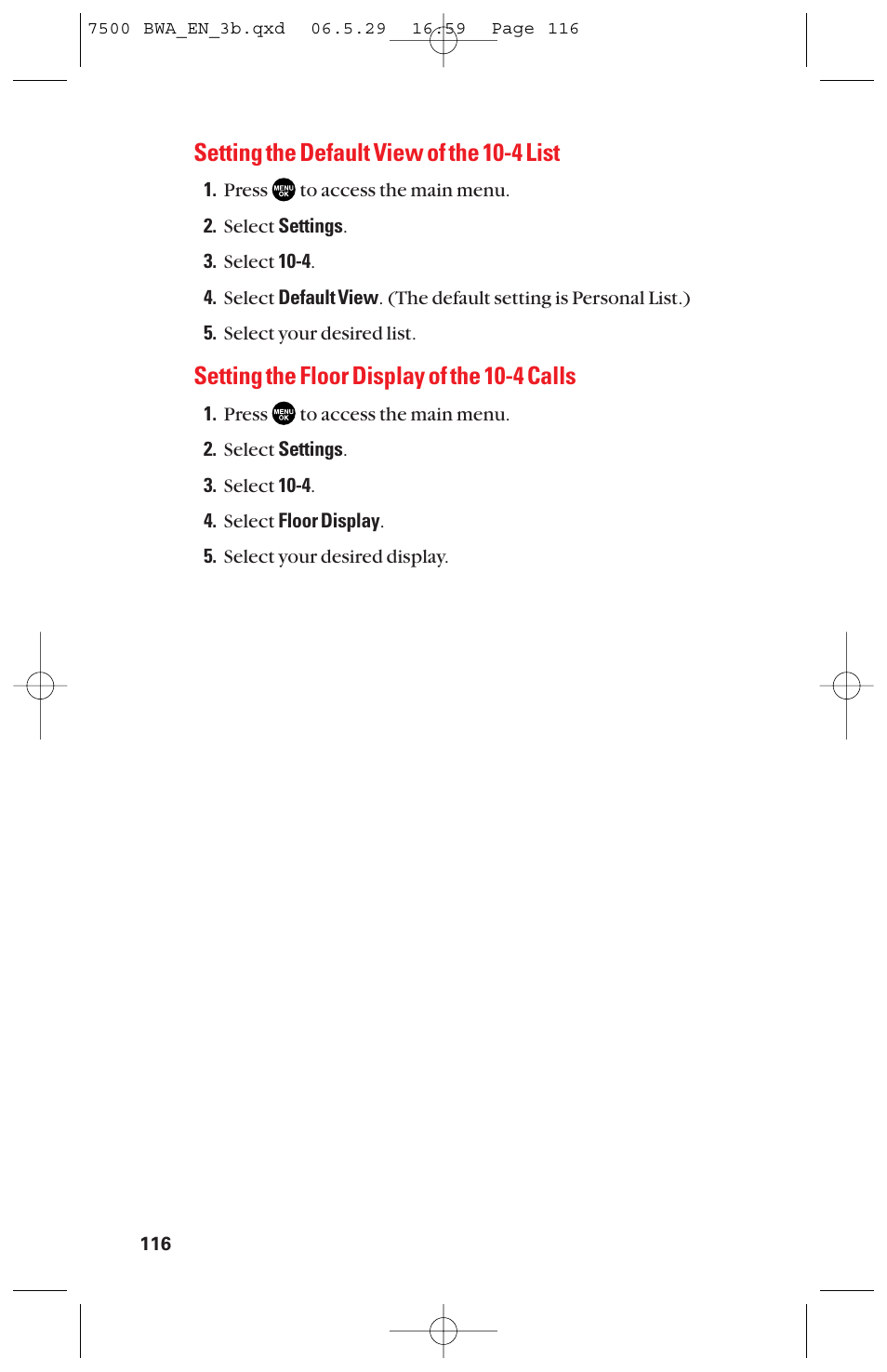 Setting the default view of the 10-4 list, Setting the floor display of the 10-4 calls | Sanyo scp 7500 User Manual | Page 124 / 173