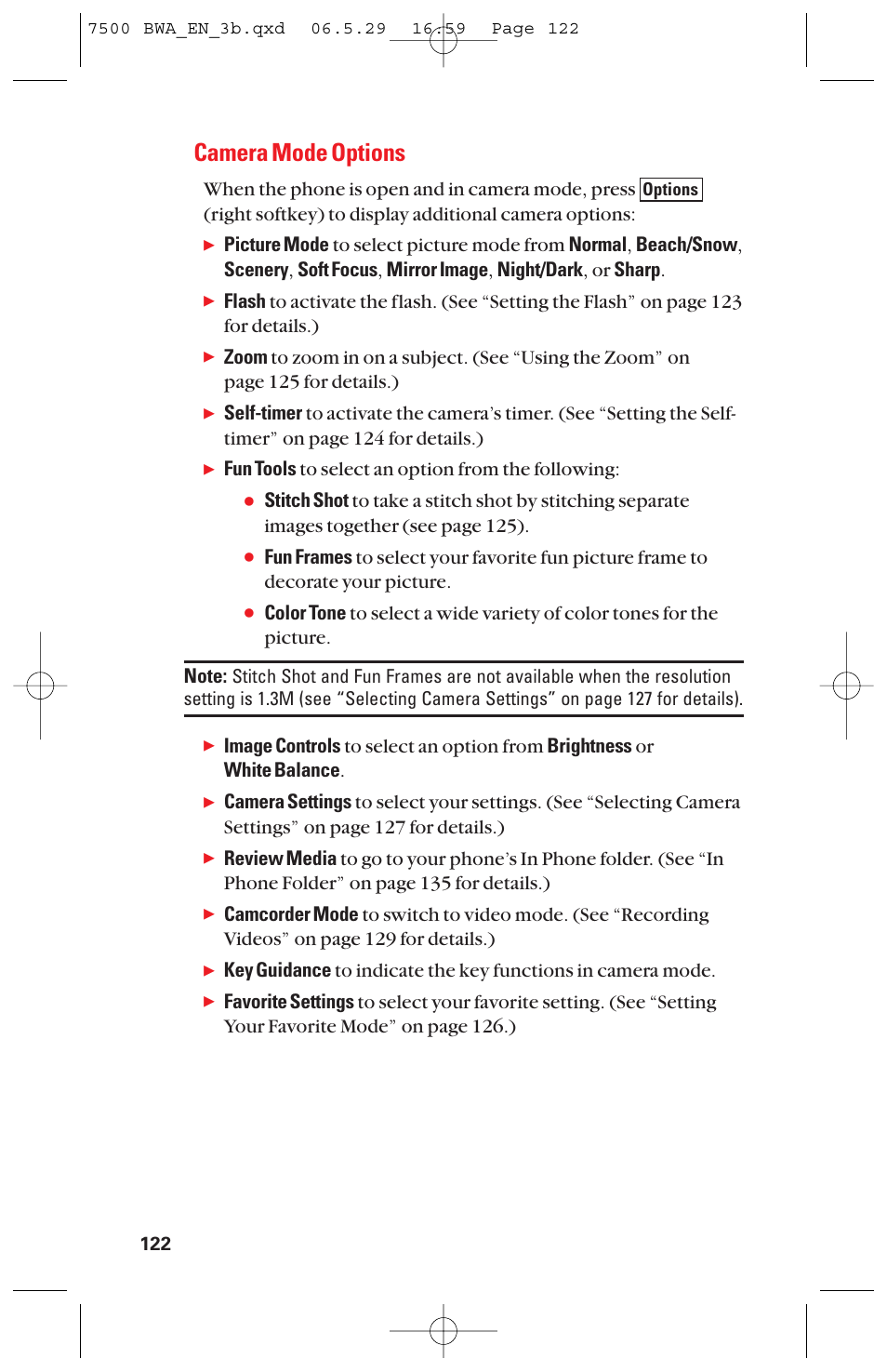 Camera mode options, Fun tools to select an option from the following | Sanyo scp 7500 User Manual | Page 130 / 173