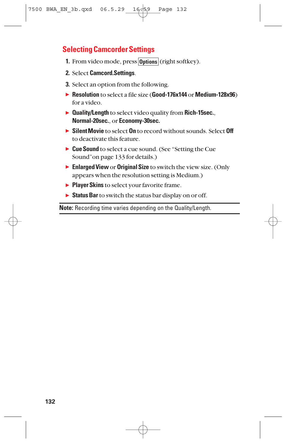Selecting camcorder settings | Sanyo scp 7500 User Manual | Page 140 / 173