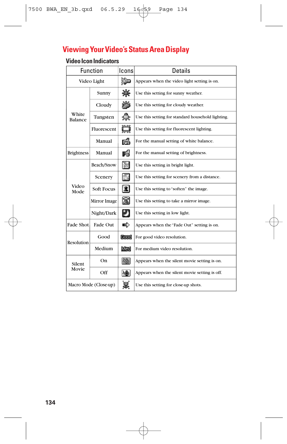 Viewing your video’s status area display, Video icon indicators function, Icons | Details | Sanyo scp 7500 User Manual | Page 142 / 173