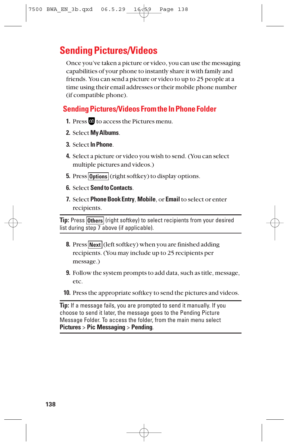 Sending pictures/videos, Sending pictures/videos from the in phone folder | Sanyo scp 7500 User Manual | Page 146 / 173