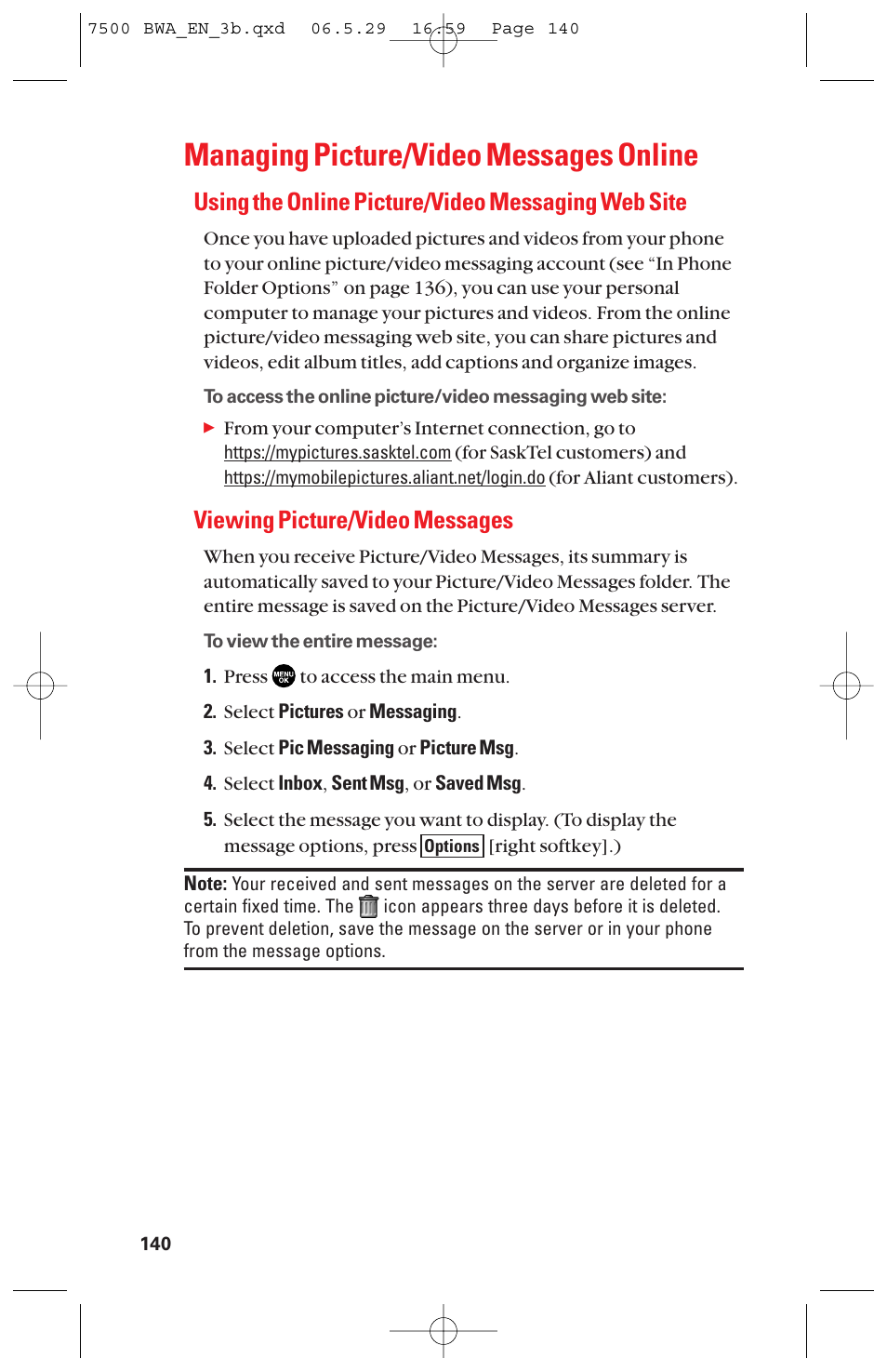 Managing picture/video messages online, Using the online picture/video messaging web site, Viewing picture/video messages | Sanyo scp 7500 User Manual | Page 148 / 173