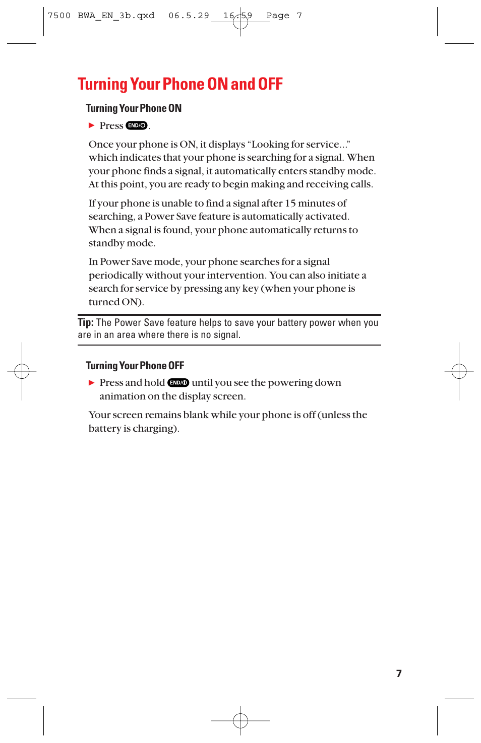 Turning your phone on and off | Sanyo scp 7500 User Manual | Page 15 / 173