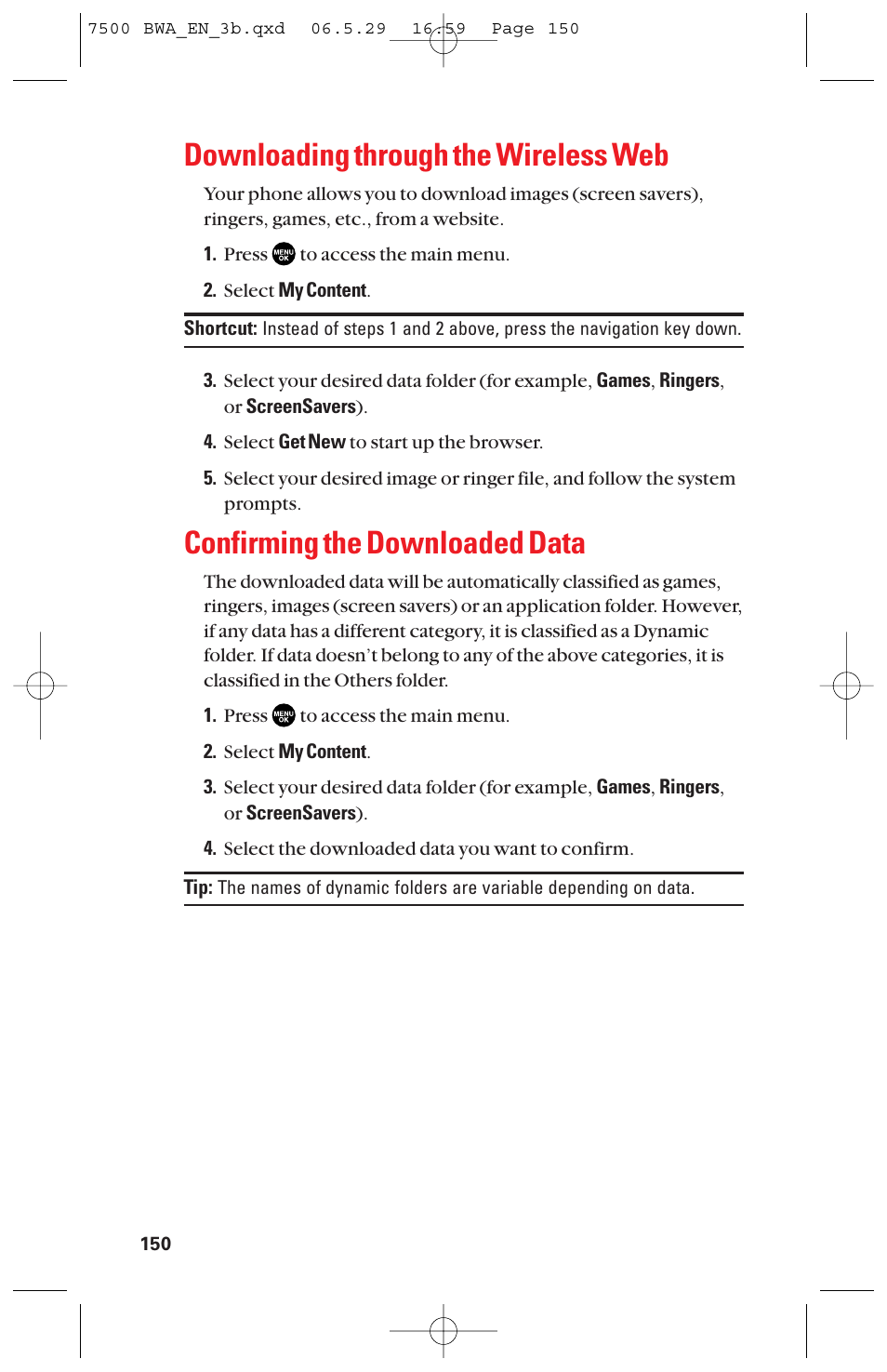 Downloading through the wireless web, Confirming the downloaded data | Sanyo scp 7500 User Manual | Page 158 / 173