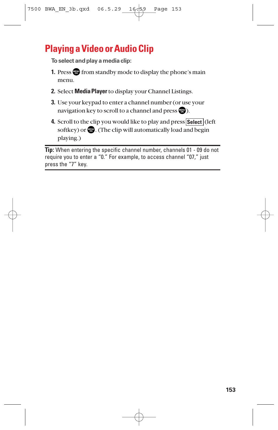 Playing a video or audio clip | Sanyo scp 7500 User Manual | Page 161 / 173