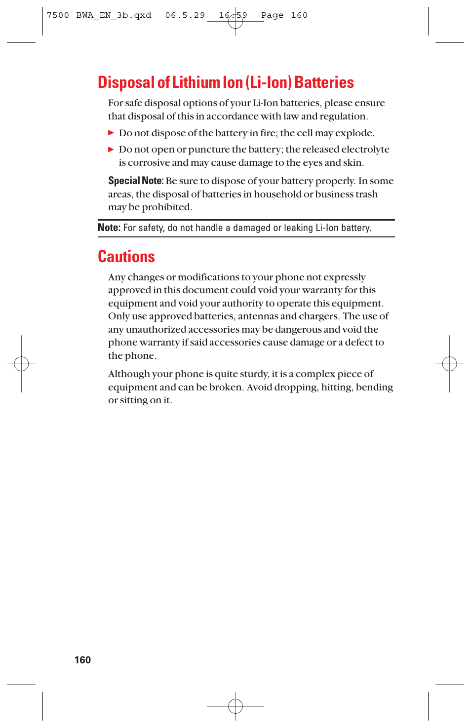 Disposal of lithium ion (li-ion) batteries, Cautions | Sanyo scp 7500 User Manual | Page 168 / 173