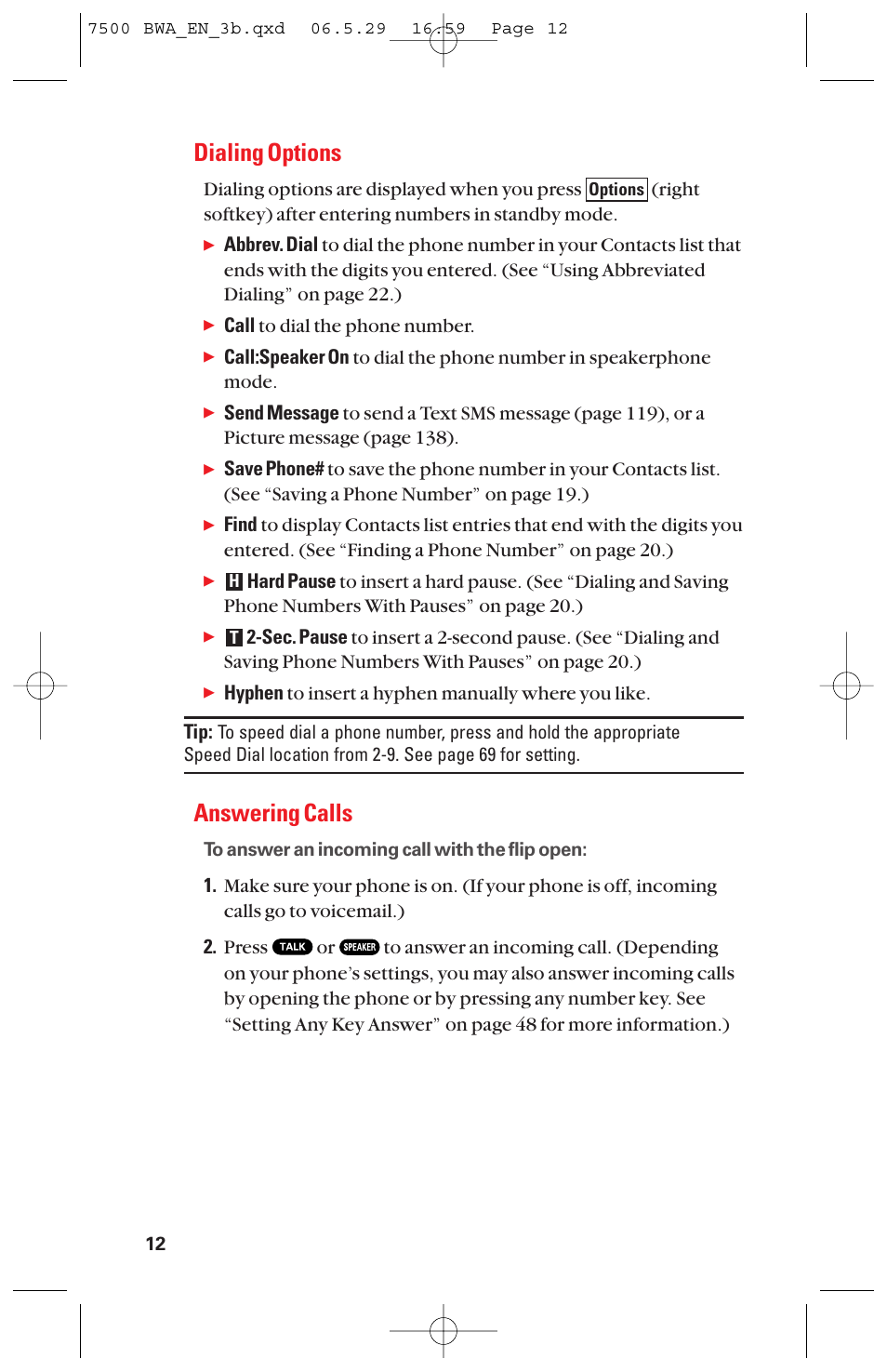 Dialing options, Answering calls | Sanyo scp 7500 User Manual | Page 20 / 173