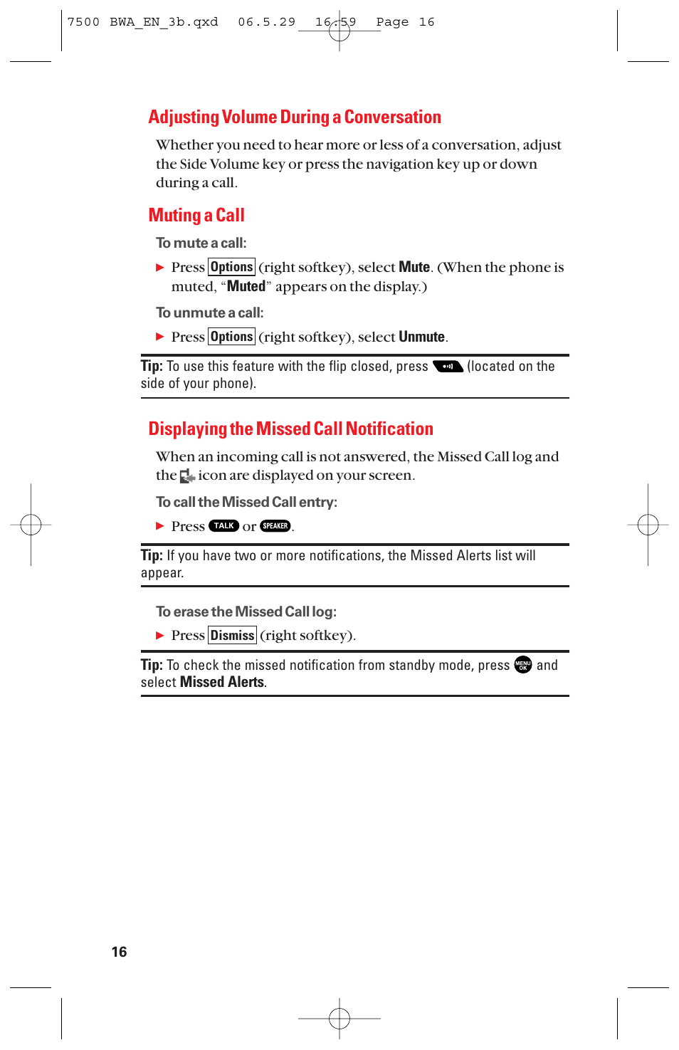 Adjusting volume during a conversation, Muting a call, Displaying the missed call notification | Sanyo scp 7500 User Manual | Page 24 / 173