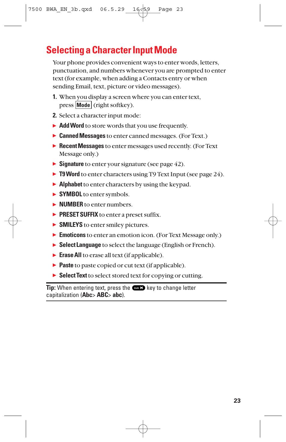 Selecting a character input mode | Sanyo scp 7500 User Manual | Page 31 / 173