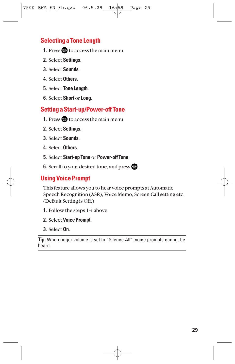 Selecting a tone length, Setting a start-up/power-off tone, Using voice prompt | Sanyo scp 7500 User Manual | Page 37 / 173