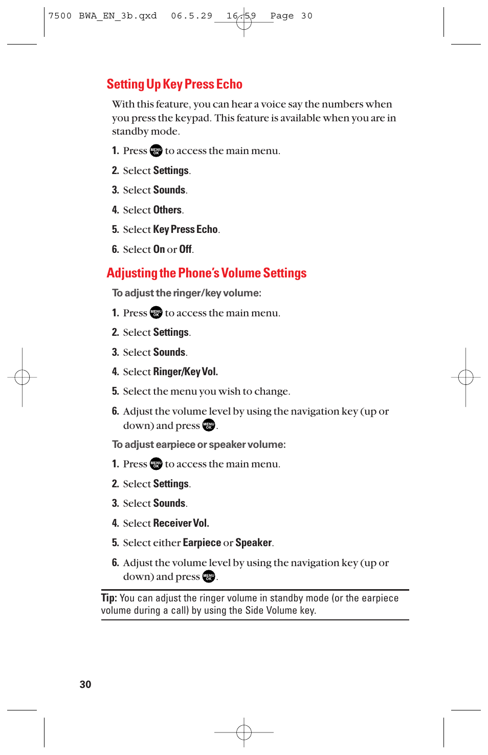 Setting up key press echo, Adjusting the phone’s volume settings | Sanyo scp 7500 User Manual | Page 38 / 173