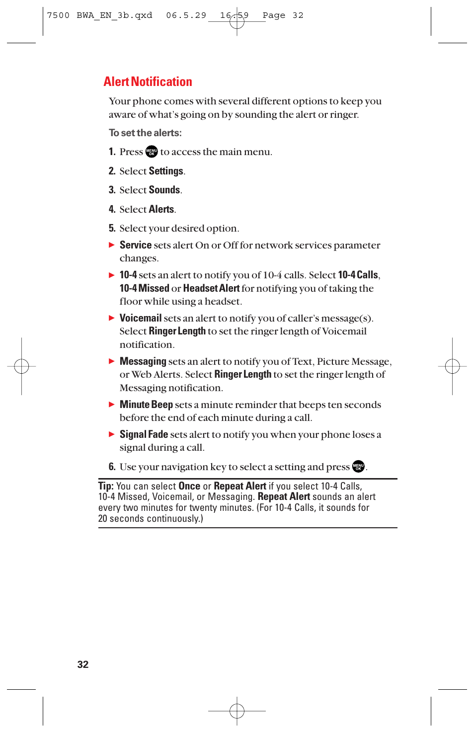 Alert notification | Sanyo scp 7500 User Manual | Page 40 / 173