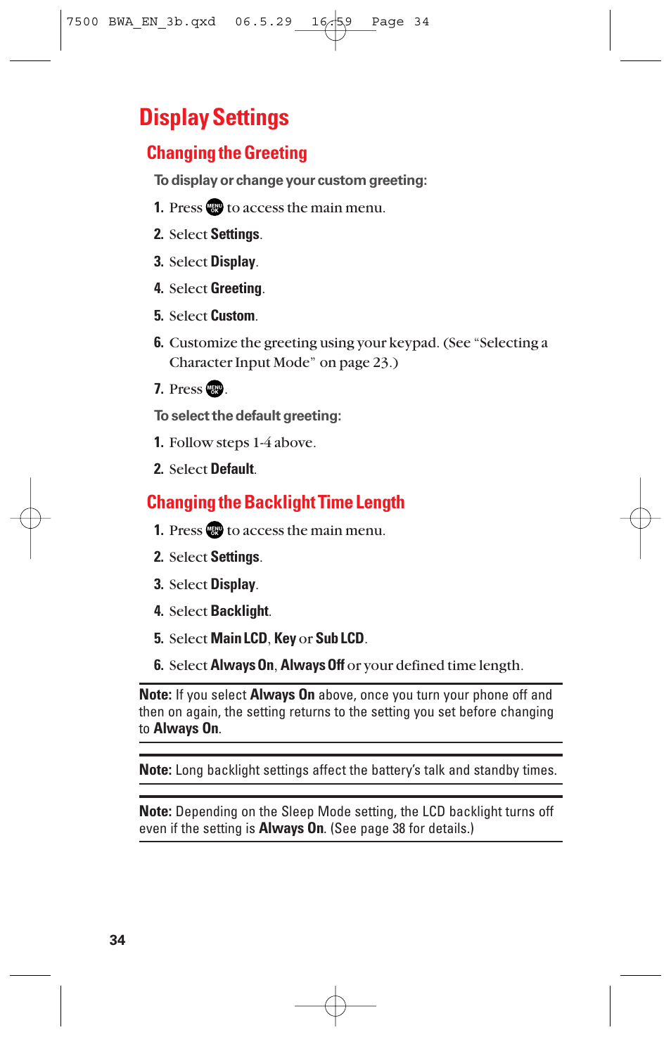 Display settings, Changing the greeting, Changing the backlight time length | Sanyo scp 7500 User Manual | Page 42 / 173