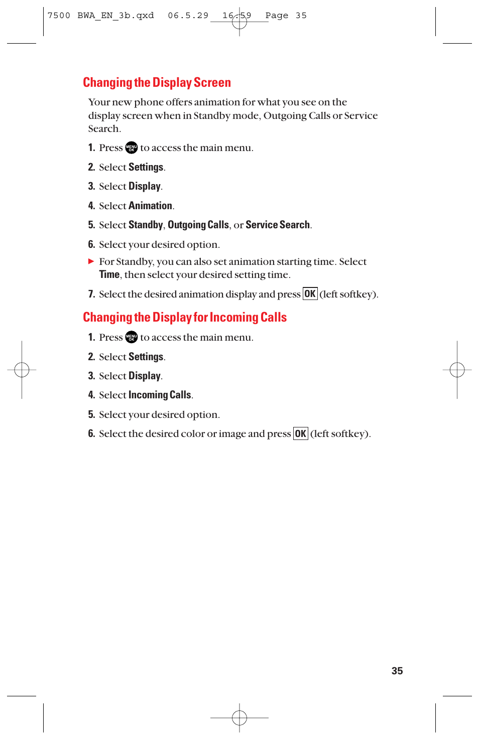 Changing the display screen, Changing the display for incoming calls | Sanyo scp 7500 User Manual | Page 43 / 173