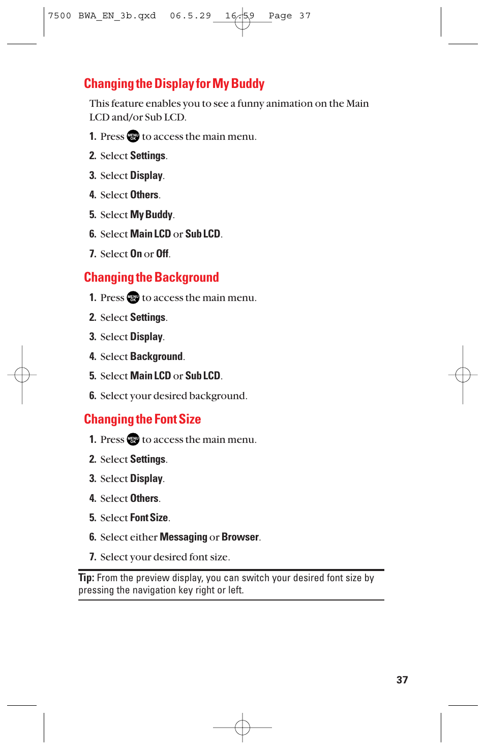 Changing the display for my buddy, Changing the background, Changing the font size | Sanyo scp 7500 User Manual | Page 45 / 173