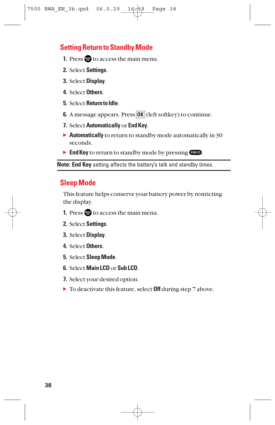 Setting return to standby mode, Sleep mode | Sanyo scp 7500 User Manual | Page 46 / 173