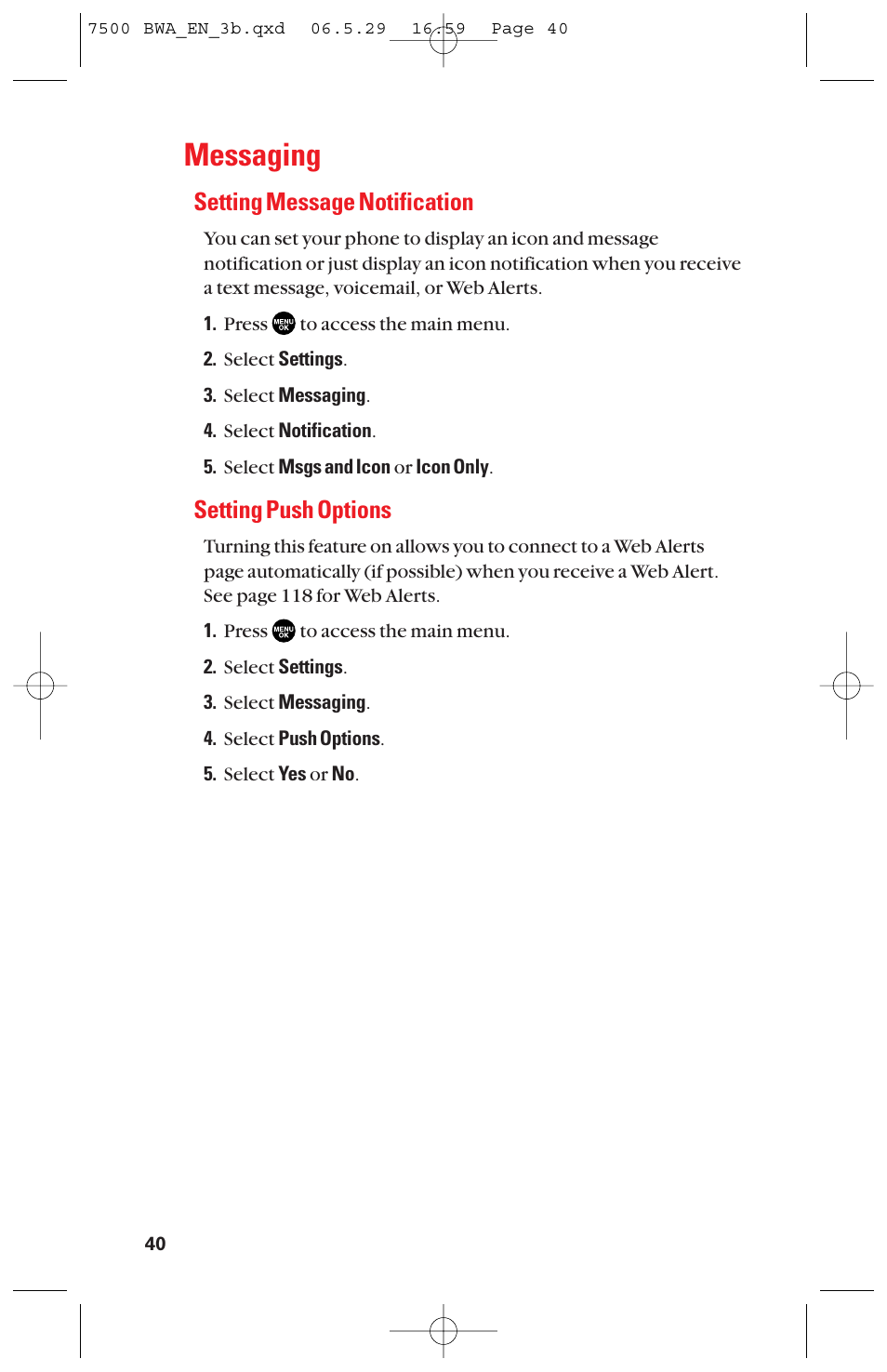 Messaging, Setting message notification, Setting push options | Sanyo scp 7500 User Manual | Page 48 / 173